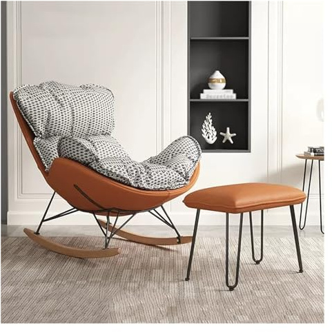 SZITW Freizeit-Sofa-Schaukelstuhl, Schaukelsessel für das Wohnzimmer mit hoher Rückenlehne und Ottomane, Schaukelstühle aus Stoff im Mid-Century-Stil mit Beinen aus Massivholz (Farbe: Grau-3)