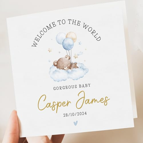 Artsy Gift Co - Personalised Welcome to the World Baby Boy Card – Custom Newborn Baby Greeting Card with Name & Birth Date – Adorable Teddy Bear Design – Perfect for New Parents
