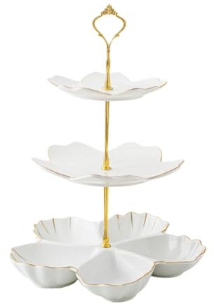 F Fityle Supporto per Dessert in Ceramica a più Livelli, Torre per Dolci in Porcellana, Alzata per tè con Vassoio, 3 Livelli Bianco