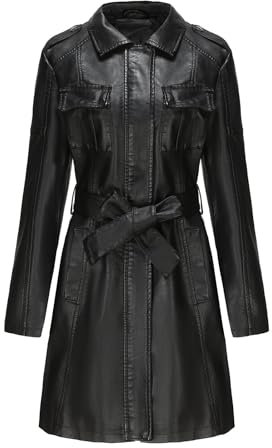 Cardigan d'hiver long pour femme | Manteau long en cuir pour femme - Veste de moto mi-longue à manches longues - Veste bomber tendance matelassée légère avec ceinture, Noir , L