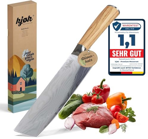 kjøk Premium Nakiri Messer mit Olivenholzgriff 17cm Japanmesser-Style Härte 58±2 HRC - extra scharf asiatisches Kochmesser hochwertiges Küchenmesser - Profi Hackmesser mit Damastmesser-Muster