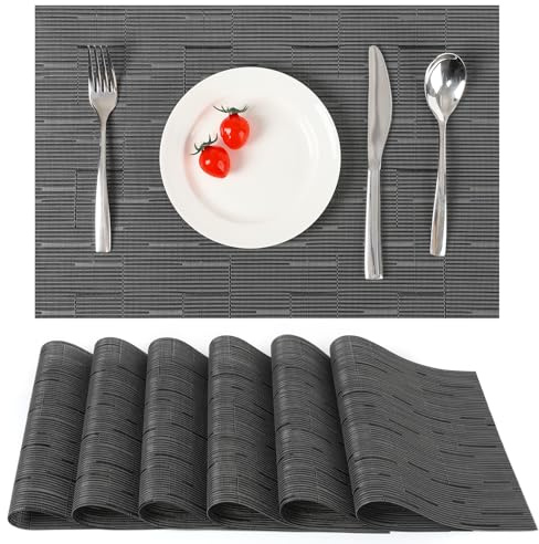 Myir JUN Tischsets abwaschbar Tischsets Platzsets abwaschbar Platzdeckchen | Gewebte Platzset 6er Set rutschfest hitzebeständig Vinyl für Küche Speisetisch Hotel Platz-Matten 30x43.5cm(Grau Schwarz)