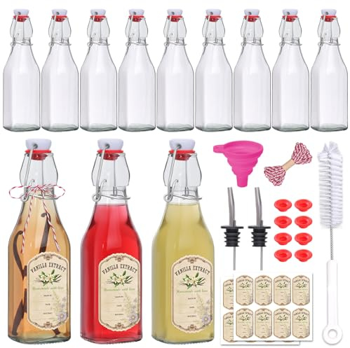 12 Pack 8oz Swing Top Glass Bottles, Square Flip Top Glass Bottles with Airtight Lids for Vanilla Extract, Home Brewing, Kombucha, Vinegar, beer, soda, beverages - Included Complete Brewing Kit