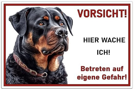 Schild Rottweiler Vorsicht Hier wache ich - Betreten auf eigene Gefahr! - Achtung - Hundeschild Warnschild- - Warnung vor dem Hund - M1 (Aluverbund, 22,5x15 cm)