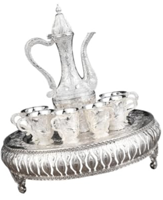KESOTO Juego de Té Turco con 6 Tazas Y Artesanías de Arte de Bandeja Drinkware para Sala de Estar Celebración de La Casa de Bodas, Plata, Individual