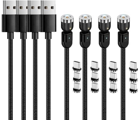 Magnetic Charging Cable [4-Pack 3/6/6/10ft] 3 in 1 Magnet Phone Charger Cable 360°&180° Rotating USB C Cable with LED Light Magnetic Charger Cable for Micro USB Type C Phone Nylon-Braided Cords