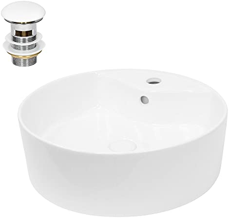 LuxeBath Waschbecken Keramik Weiß Ø 460x155 mm rund mit Ablaufgarnitur Weiß, Aufsatzwaschbecken mit Überlauf, Aufsatzbecken Aufsatzwaschtisch Waschschale Waschplatz Handwaschbecken für Badezimmer