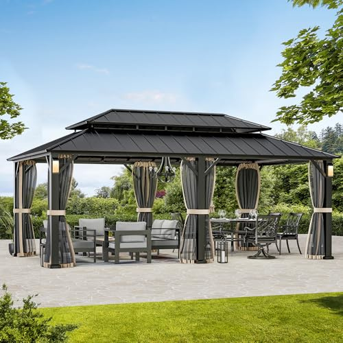 Modern Shade Pavillon Hardtop 3.6 × 6 m Wasserdicht Stabil Winterfest Gartenpavillon mit 4 LED Lichtern und Haken, Outdoor Regen und UV beständig Stahldach Doppeldach Garten Pavillons für Terrasse