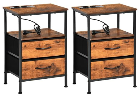 EGGREE Nachttische 2er Set mit Steckdosen und USB, Vintagebraun | Mit 2 Steckdosen, 2 USB Anschlüssen, 1,5 m Kabel, Stoffschubladen und Ablage für Schlafzimmer und Wohnzimmer