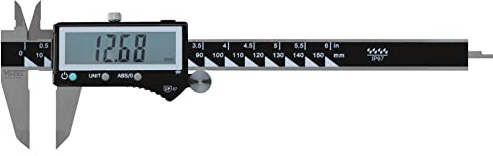 Calibre pie de rey digital DIN 862, sistema absoluto, IP67, precisión milimétrica, medición interna y externa, ideal para trabajos de mecánica y metalurgia.