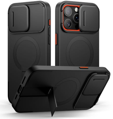 SURITCH Magnetisch hülle Kompatibel mit iPhone 15 pro max, Stoßfest Handyhülle Kratzfest Schutzhülle mit Kameraabdeckung schieben und verstellbarem Kickstand(schwarz)