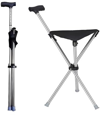 EVIYI 2-in-1 Folding Cane Seat, crutches with seat, made of stainless steel with a weight capacity of up to 150 kg, is designed to be lightweight and portable (Right-angled handle retractable)