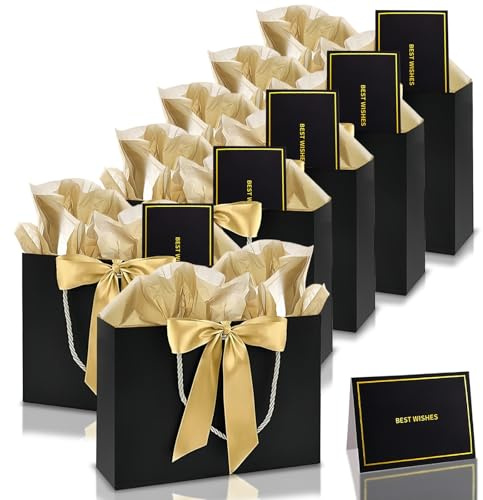 6 pièces Sacs Cadeaux Noir,Pochettes Cadeau en Papier Moyen avec Anse,Emballage Cadeaux avec Ruban d'Arc 6 Cartes 12 Mouchoirs,Paquet Luxe Elégantes pour Anniversaires Mariages Fêtes Noël