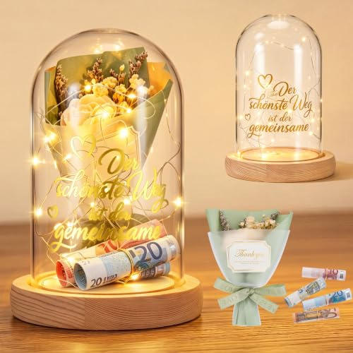 Jetec Geldgeschenk Hochzeit fuer Brautpaar | Glasglocke mit LED-Lichterkette und Holzsockel, Hochzeitsgeschenk Geld originell verpacken, mit Trockenblumen, 9 x 15 cm