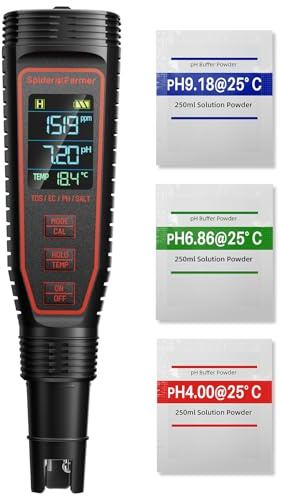 Spider Farmer 5-in-1 Digital pH Meter Kit for Water, TDS EC Temperature Salinity Tester with ATC Rechargeable for Plants Hydroponics Pool Fish Tank and Aquarium (IP67 Waterproof)