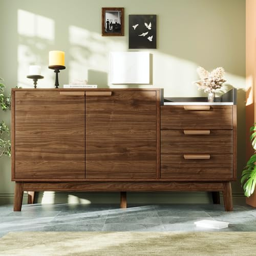 Merax Sideboard Holz Kommode mit 2 Türen,3 Schubladen und Arbeitsplatten in Marmoroptik,rustikal Sideboard Küchenschrank Buffet mit Verstellbares Ablage,für Schlafzimmer,Wohnzimmer,Walnuss/120x40x77cm