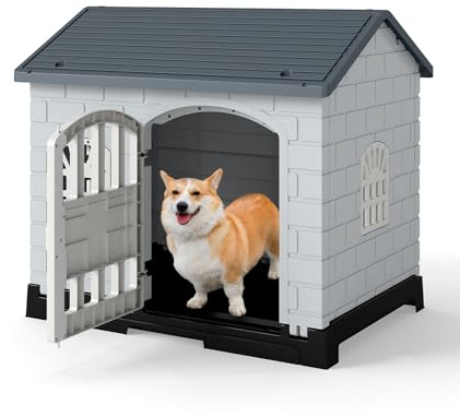 COSTWAY Hundehütte Outdoor, wetterfestes Hundehaus mit Tür, 3 Fenstern, ausnehmbarem Boden & Satteldach, Haustierhaus für kleine & mittelgroße Hunde Katzen, Hundekäfig Indoor, 75 x 57 x 68 cm (Grau)
