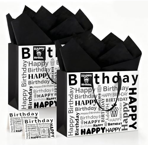 2 Stück Geschenktüte Geburtstag, 33x26x12cm Geschenktüte Groß, Luxuriöse Schwarz-Weiße GroßeGeschenktüte, Mit Seidenpapier Und Grußkarte, Geschenktüten Geburtstag Mit Henkeln