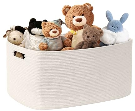 MYHOMMATTO 72L großer Wäschekorb geflochten mit Henkel, Weiß | Faltbarer Aufbewahrungskorb aus Baumwollseil für Spielzeug, Decken & Kleidung, Maße 55×43×30 cm für Wohnzimmer, Kinderzimmer