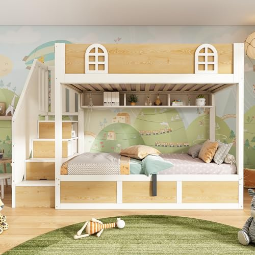 Letto a castello per bambini, 90 x 200 cm, con armadio per scale e ripostiglio, letto a castello doppio bianco e naturale, con ringhiere di sicurezza e rete a doghe, letto salvaspazio per due bambini