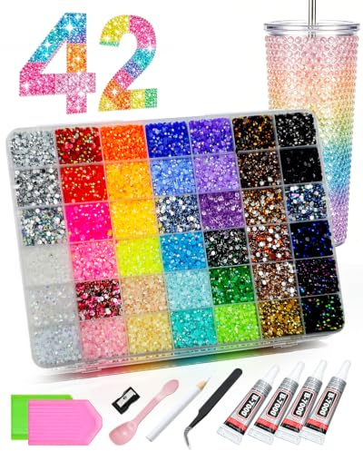 42 Colores Pedrería, Bedazzling Kit con 39000 Pedrería, Rhinestones para Decoración DIY Decorar Uñas Y Tejidos, 4 Cartuchos de Pegamento, Cucharas, Platos para Servir, Strass Regalos para NiñAs