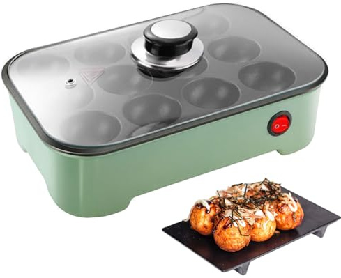 Takoyaki Maker - Padella elettrica con coperchio per pancake e soffi di pancake, multifunzione, 12 fori