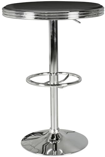 FineBuy Bartisch American Diner Rund 60 cm Aluminium Schwarz Silber | Retro Stehtisch im USA Stil mit Fußablage und Kunstlederbezug, Bistrotisch im 50er Jahre Look, robust