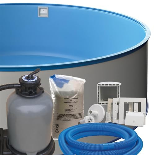 POWERHAUS24 Stahlwand Rundpool-Set Ø 4,20 m x 1,20 m, Pool Made in Europe, Blaue UV-beständige Innenhülle 0,6 mm, SF133 Sandfilteranlage mit 6 m³/h, Einbauskimmer, Filtersand, Poolschlauch