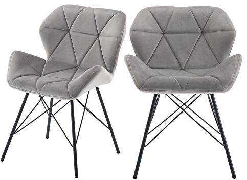 Duhome Esszimmerstuhl 2er Set, Flanell Kissen Rückenlehne Stuhl mit Armlehnen Metall Bein Freizeitstuhl, Grau