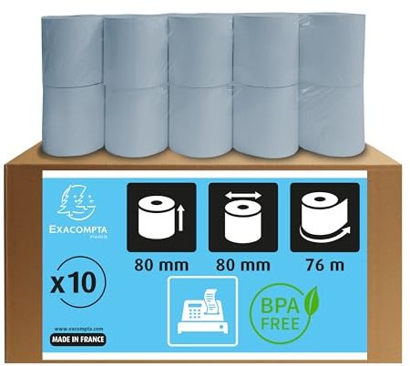 Exacompta - Réf. 43918E - Boîte de 10 bobines pour tickets de caisse - largeur 80 mm x diamètre 80 mm - mandrin 12 mm - Safe Contact longue conservation sans Phénol - Métrage (+/-2m) : 76 m