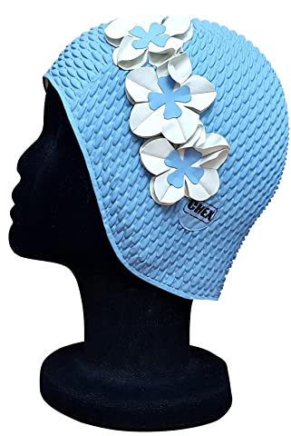 CHEX Lucca våffelbubbla enkel färg blommig dam klassisk retro 3 blomma 2 färger rad 3D kronblad snygg vintage badmössa badmössa genomsnittlig en storlek vuxna (Himmelsblå/vit)