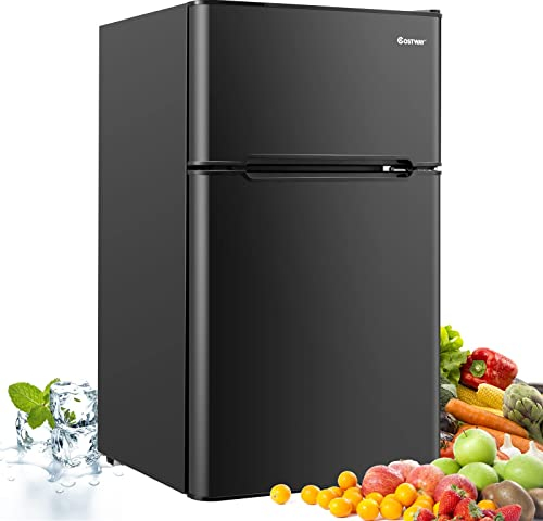 COSTWAY Réfrigérateur à Double Porte 90 L, Réfrigération Rapide, Économie d'énergie, Réfrigérateur en Métal avec 7 Niveaux de Température, 48,5 x 49,5 x 86 cm (Noir)
