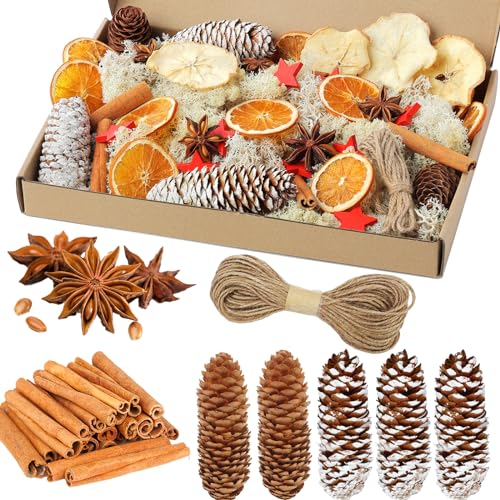Fox·Bunny 56 Stück Weihnachtskranz Deko, Adventskranz Zubehör, Getrocknete Orangenscheiben, Apfelscheiben, Zimtstangen, Sternanis, Pentagramm, Tannenzapfen, Moos Für Adventskranz Deko Set