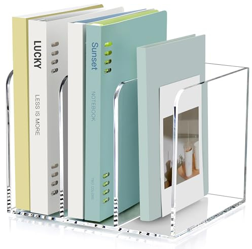 SANRUI Acrylic Magazine Holder Desk Organizer Workspace Sorters，Clear Bookend File Sorter Holder，Folder Rack, Office Accessories Organization Storage with 3 Vertical Compartments