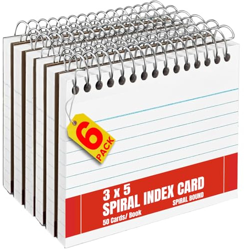 1InTheOffice Spiral Index Cards 3x5 Ruled, Spiral Bound, 50 White Cards/Spiral (6 Pack)