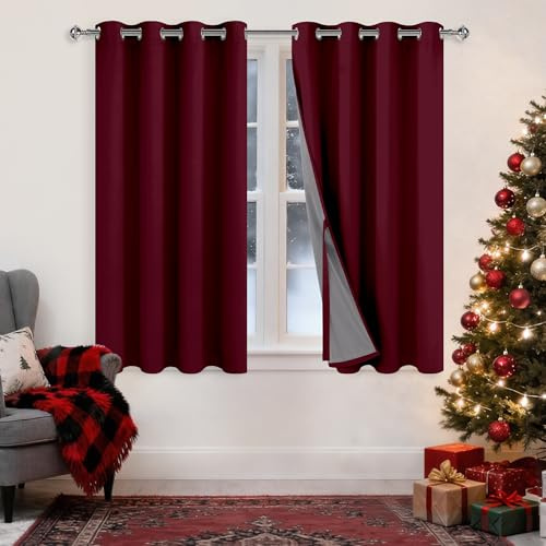 XWZO 100% Blackout Window Curtains - Thermal Insulated & Noise Reduction Black Liner Ring Top Window Treatment Sewn with Tiebacks for Bedroom/Living Room, Burgundy, W52 x L45, Set of 2