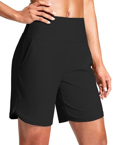 G Gradual Women's 7 Quick Dry Swim Board Shorts Swimming Bottoms High Waisted Beach Shorts for Women with Liner Pockets(Black,M)