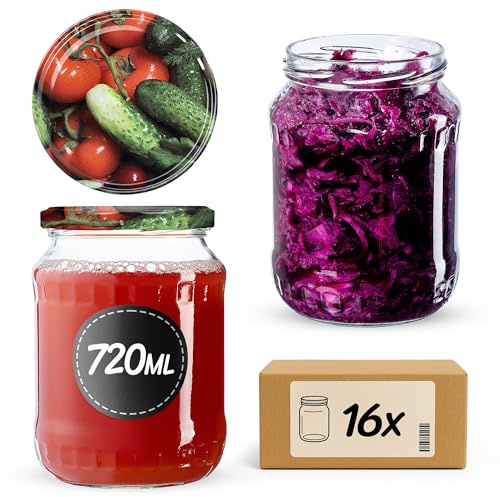 KADAX 16er Set Einmachgläser 720ml TO82 Gemüse, Große Sturzgläser mit Schraubdeckel, Einkochgläser Fermentierglas für Gurken, Gemüse, Sauerteig
