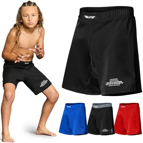Elite Sports Kids MMA BJJ No GI UFC Grappling Jiu Jitsu Shorts, Black Jack Youth Boys MMA Training Grappling Training Shorts (Large, Black)