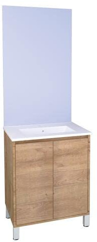 ONDÉE Meuble à Poser BELIS + Miroir affleurant Bois 60cm Plan fsc Rangement | Intemporel, 2 Portes Prise de Main, Livré monté, Gamme Zen à Vivre, céramique vasque, norme, finition soignée