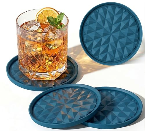 Wingcases Silicone Coasters for Drinks[4 pcs, No Holder] | Cup Mat Tabletop Protection Non-Slip, Non-Stick, Coffee Table Decor, Great Gift for Any Occasion, Dark Blue