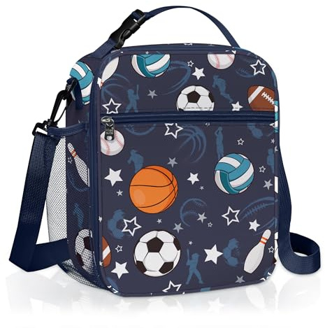 Clastyle Sport Bälle Isolierte Lunchtasche Kinder mit Flaschenhalter, Schwarz Kühltasche Klein Schulen Tragbar für Jungen