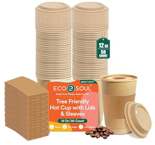 ECO SOUL 100% Compostable Coffee Cups with Lids & Sleeves - 12 Oz (50 Counts) to Go Coffee Disposable Bagasse Cups |Sturdy & Eco-Friendly Cups for Cafes, Party, Office