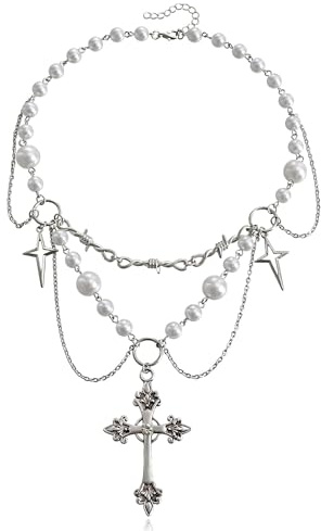 Clataly Gotische Kreuz-Kristall-Perlenkette mit Kruzifix-Anhänger, Silber-Perlen-Halskette für Damen und Mädchen