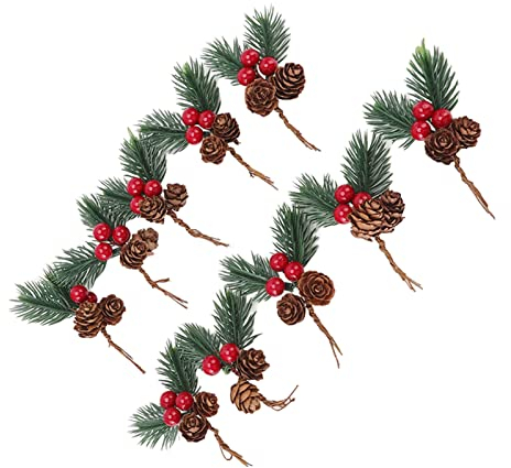 Mini Artificial Pine Pick, with Red Berries Pinecones, 10Pcs Christmas Picks Pinecone Berry Pin Needle Trees Evergreen Sprigs and Holly Berries, Faux Needles for Festival Xmas