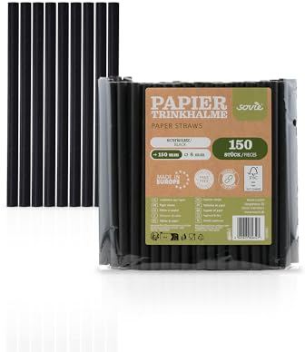Mank Umweltfreundliche Papiertrinkhalme, Papierstrohhalme, Papphalme für Partys & Hochzeiten, in recycelbarem Folienbeutel, Strohhalme, (150, Schwarz, Ø 8 mm / 15 cm)