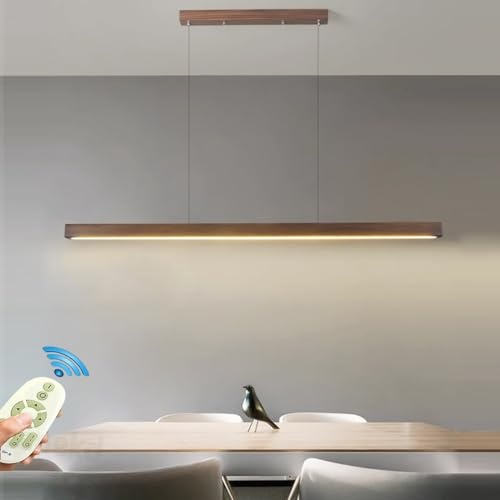 Pendelleuchte Holz Esstisch Esszimmer Lampen LED Hängelampe Dimmbar Hängeleuchte Wohnzimmer Küche Büro Hängend Leuchte Moderne linear Kronleuchter mit Fernbedienung Pendant Lampe (Braun L150)