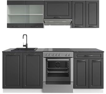 Vicco Küchenzeile R-Line, Anthrazit Landhaus/Weiß, 200 cm | 5 Module · Höhenverstellbare Füße · AP Anthrazit inkl. · MDF-Fronten · Mit Glasschrank · Frei kombinierbar