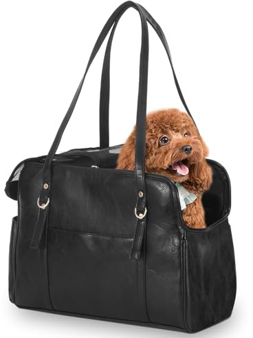 Lasaviin Hundetragetasche, modische Ledertasche mit Taschen, fluglinienzugelassene weiche Hundetragetasche für Welpe Katze Hund schwarz