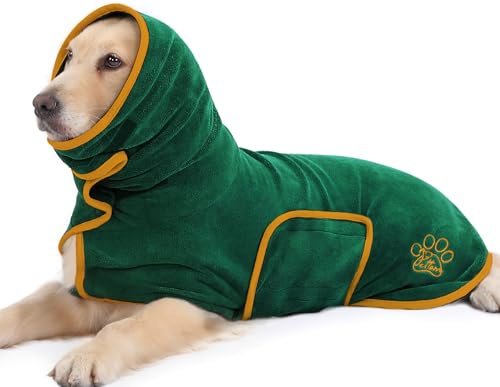 PETTOM Hundebademantel, Bademantel Hund mit Hohem Kragen, Hundebademantel für Große Mittelgroße und Kleine Hunde, Hunde Bademantel Mikrofaser mit Klettverschluss (Grün, M)